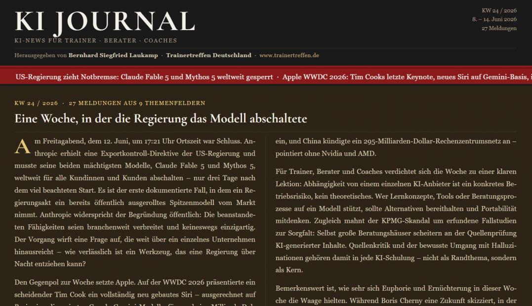 KI JOURNAL KW 24 – 8.-14.06.2026 | Eine Woche, in der die Regierung das Modell abschaltete