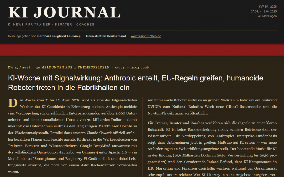 KI Journal KW 15/2026: KI-Woche mit Signalwirkung: Anthropic enteilt, EU-Regeln greifen, humanoide Roboter treten in die Fabrikhallen ein