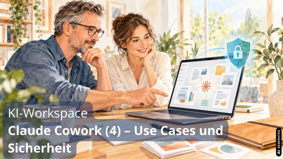 „Zwei Trainer arbeiten mit Claude Cowork; Dokumente, Checkliste und Schutzschild symbolisieren praktische Anwendungen und Sicherheit.
